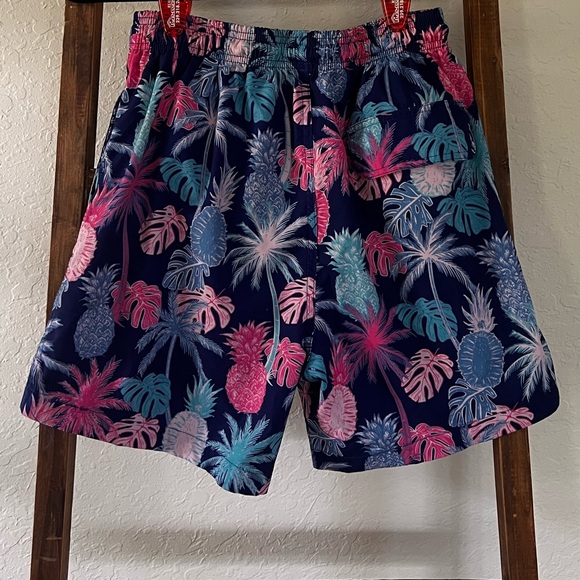 Pink and Blue Tropical Swim Trunks with Elastic Waistband - Picture 2 of 2